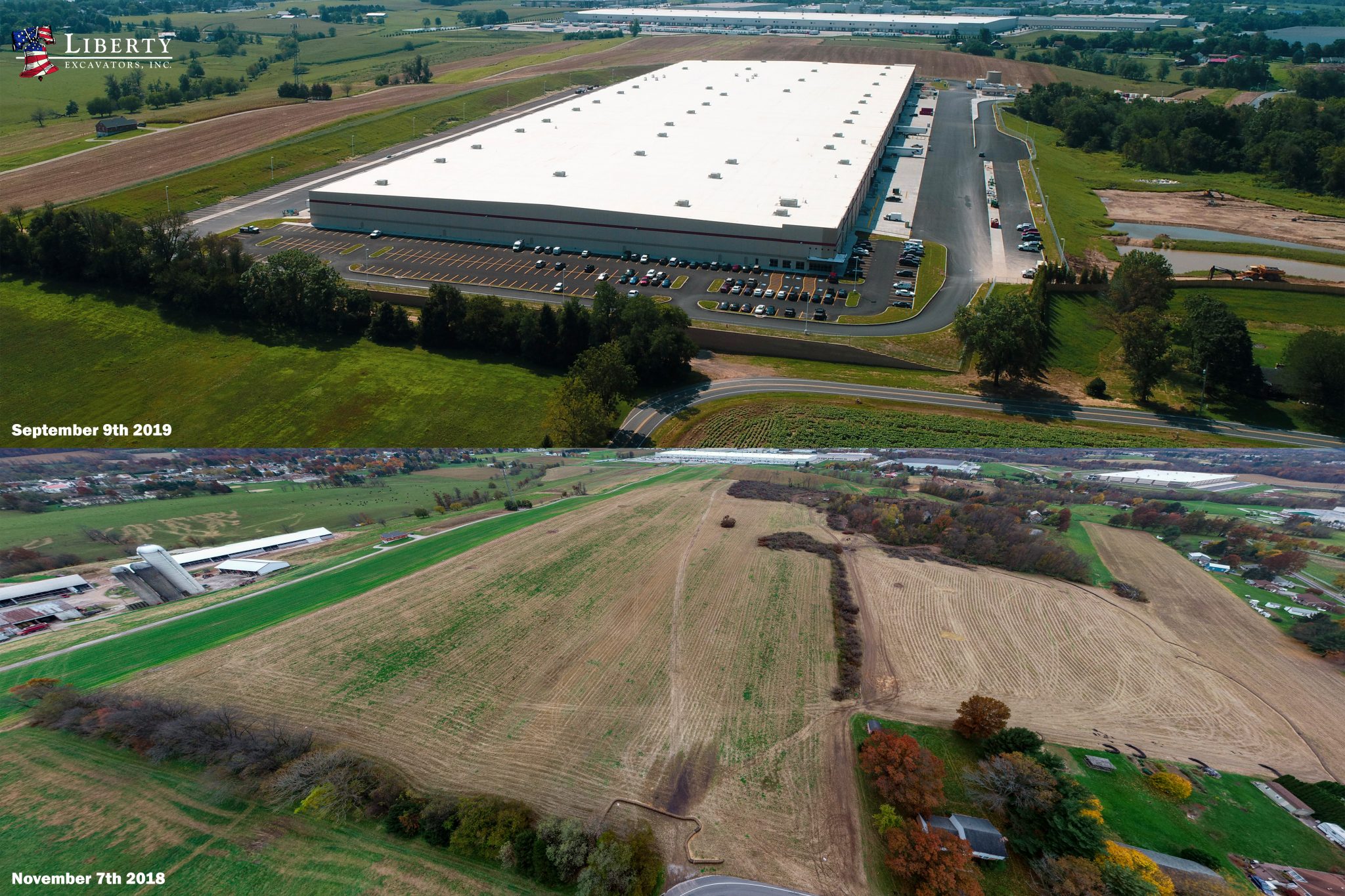 DHL distribution warehouse site developed by Liberty Excavators, before-and-after aerial